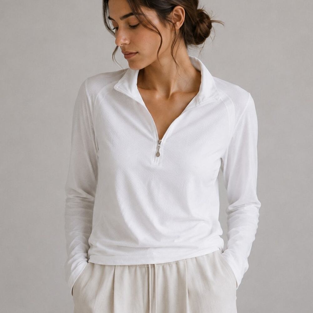 SanSoleil Half Zip Long Sleeve Mock Neck Top Womens S White Sport UPF 50